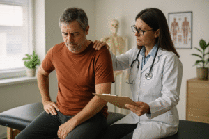 Chronic pain patient receiving evaluation during physical medicine and rehabilitation consult