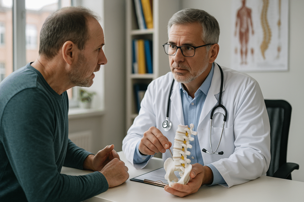 Patient speaking with spine specialist about cervical and lumbar disc replacement options